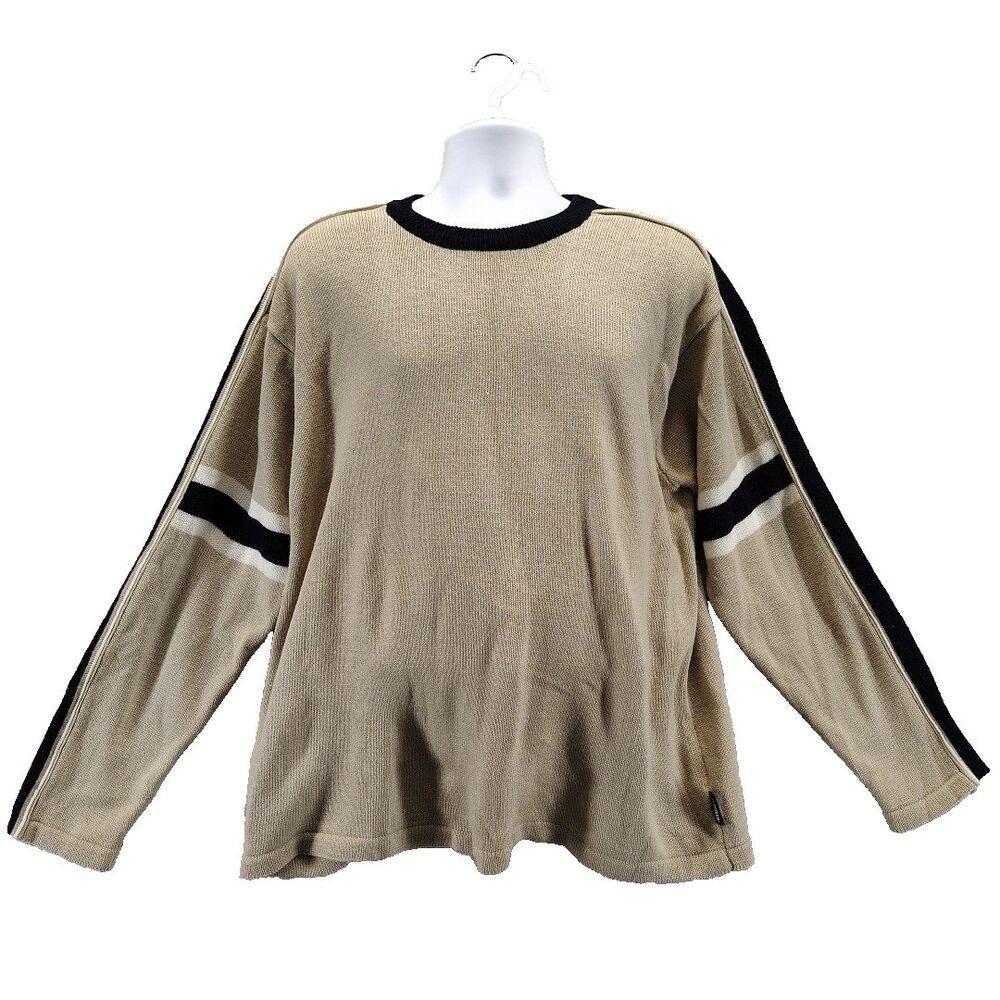 Joe Boxer Men's XL Sweater Beige Black White Striped Long Sleeve Knit Top Y2K